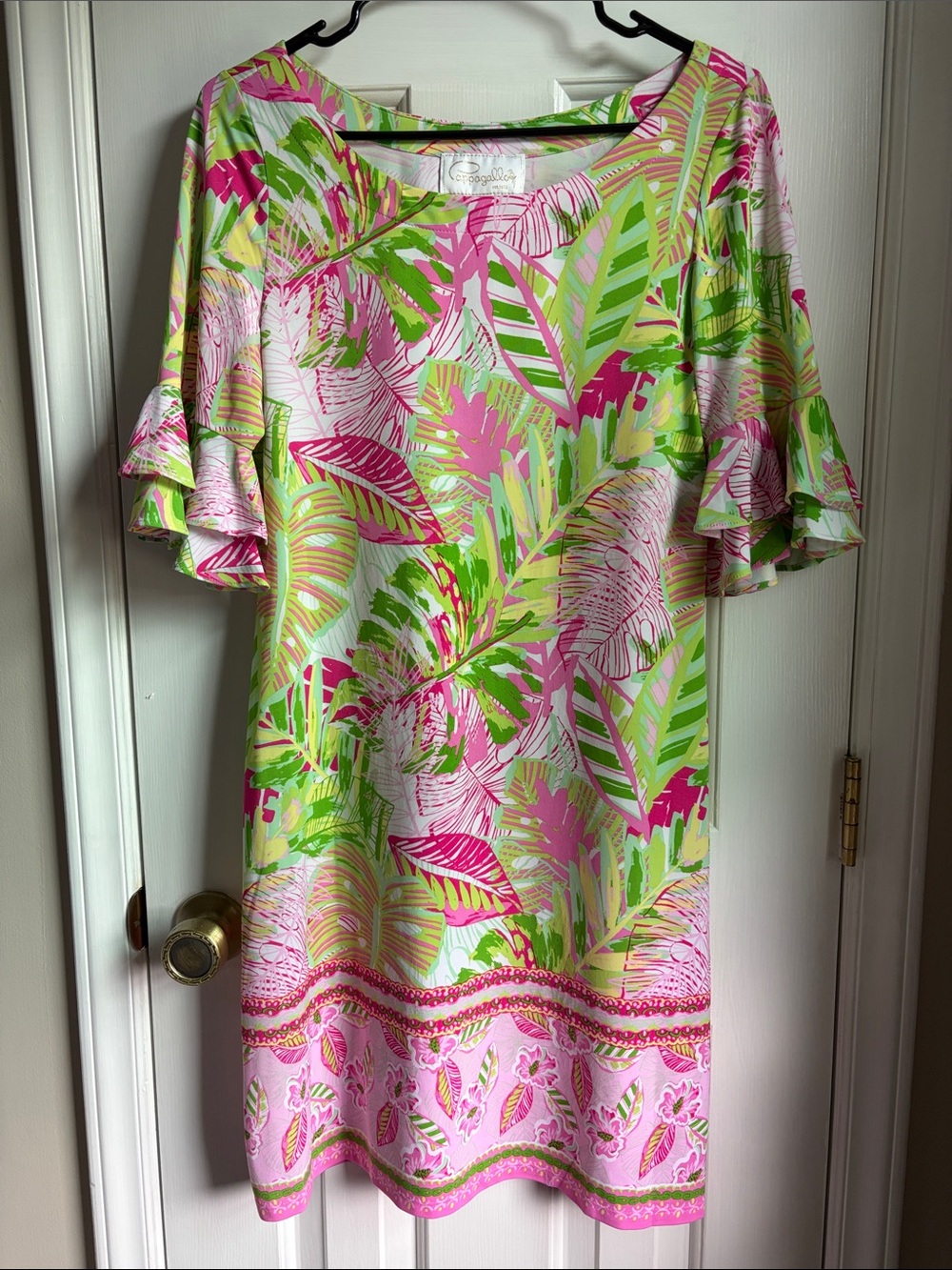 Pappagallo Bright Green and Pink Tropical Oasis Print Midi Dress Medium